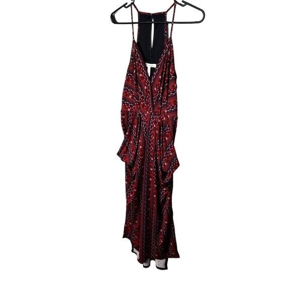 BCBG XS Midi Dress Surplice Draped Burgundy Boho Floral V Neck Halter Pockets - Picture 3 of 8